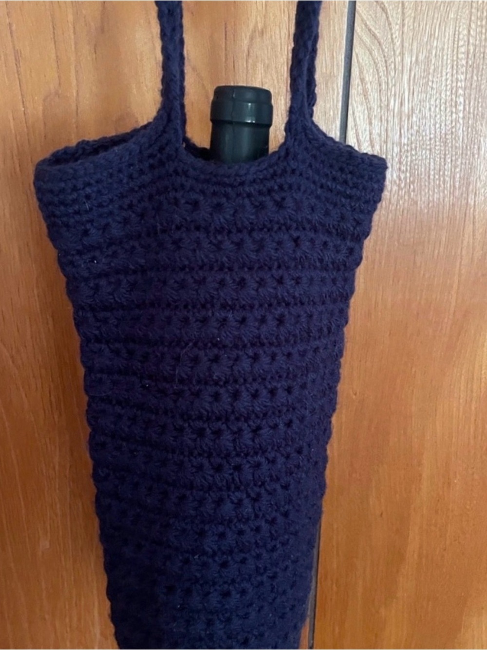 Crochet Navy Bottle Tote with Shoulder Handles